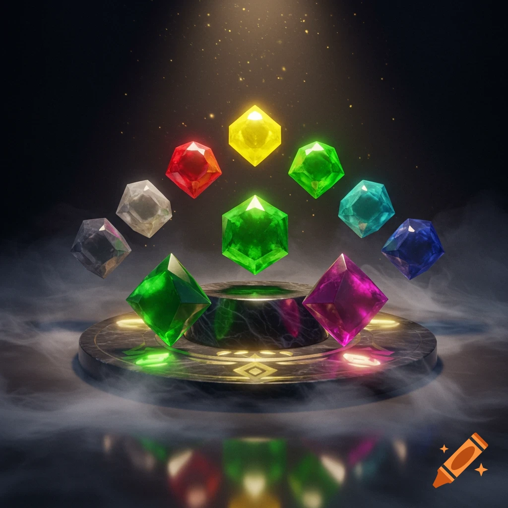 Ten colorful, faceted gems in shades of red, yellow, green, cyan, blue, magenta, and white, glowing above a mystical dark pedestal amidst smoke.