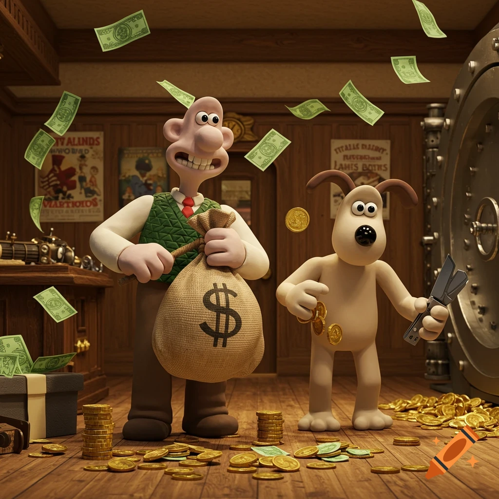 Wallace holding a money bag and Gromit with coins and tools stand amidst falling money inside a bank vault, in claymation style.