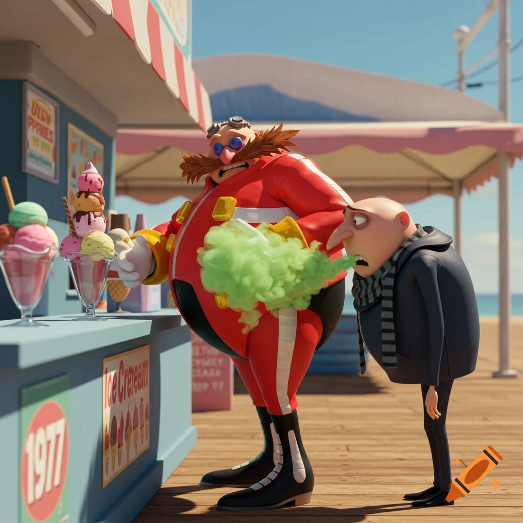 Dr. Eggman farts green gas from his behind while Gru reacts in disgust at an ice cream stand with "1977" on it.