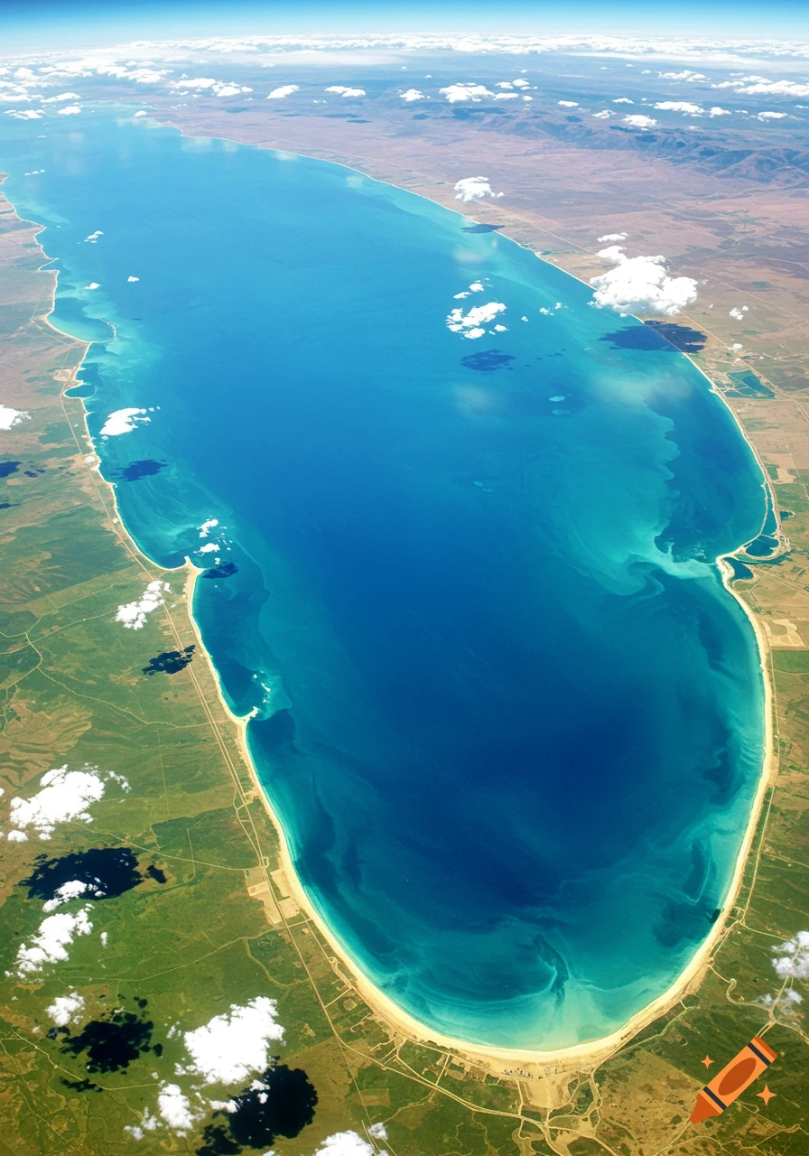 A high-altitude aerial view of a vast, deep blue sea or lake with lighter turquoise shallows along a varied coastline, under a clear sky with scattered clouds.