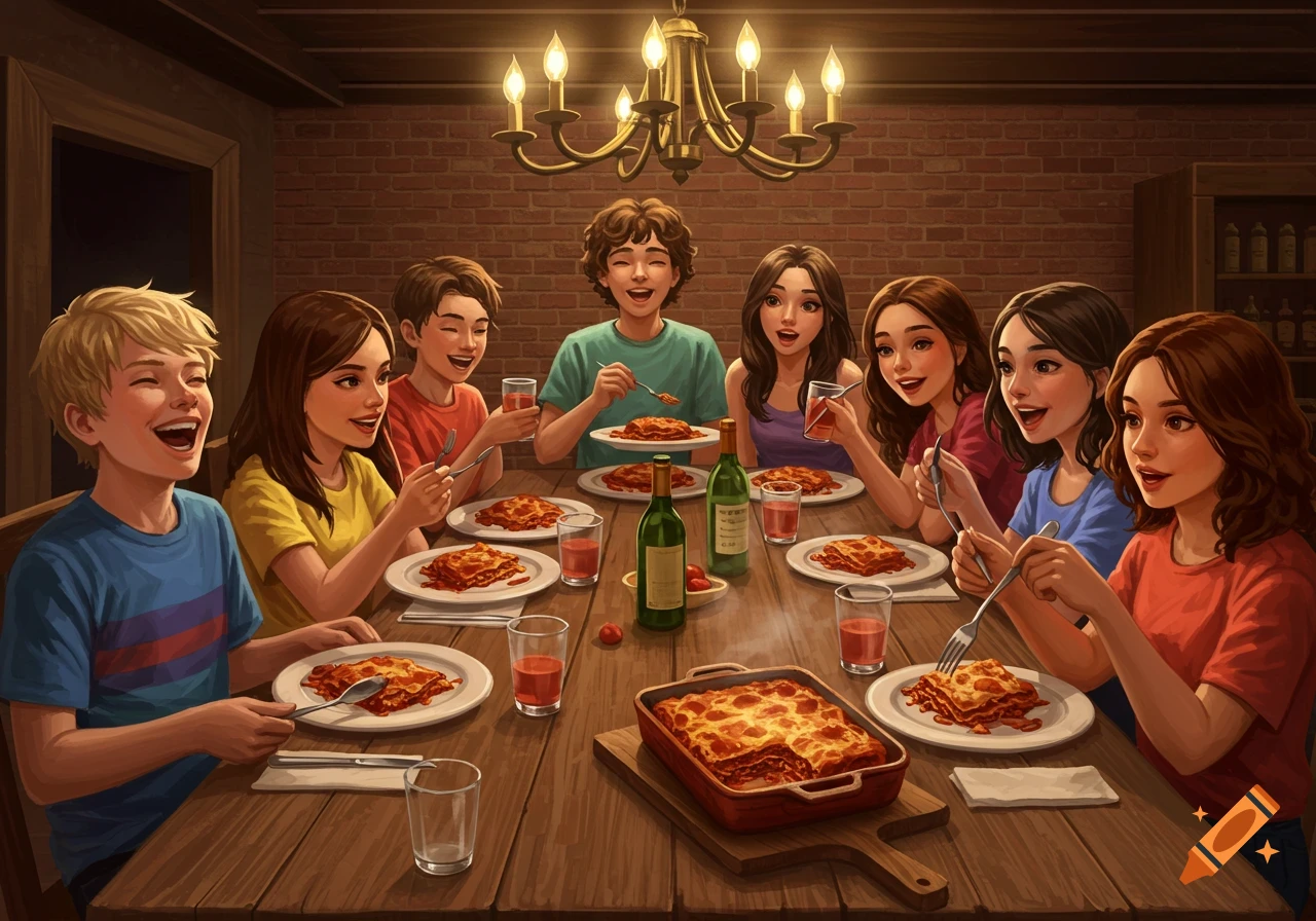 An illustration of a large group of people happily eating lasagna around a wooden dinner table under a chandelier.