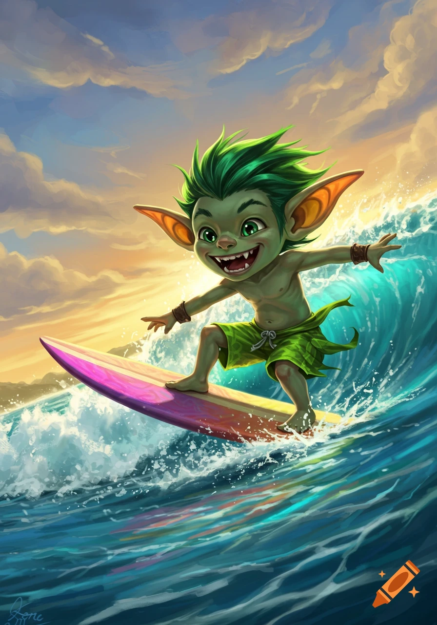 A cheerful green goblin with spiky hair and big ears surfs on a colorful board across a wave at sunset, in an illustration.