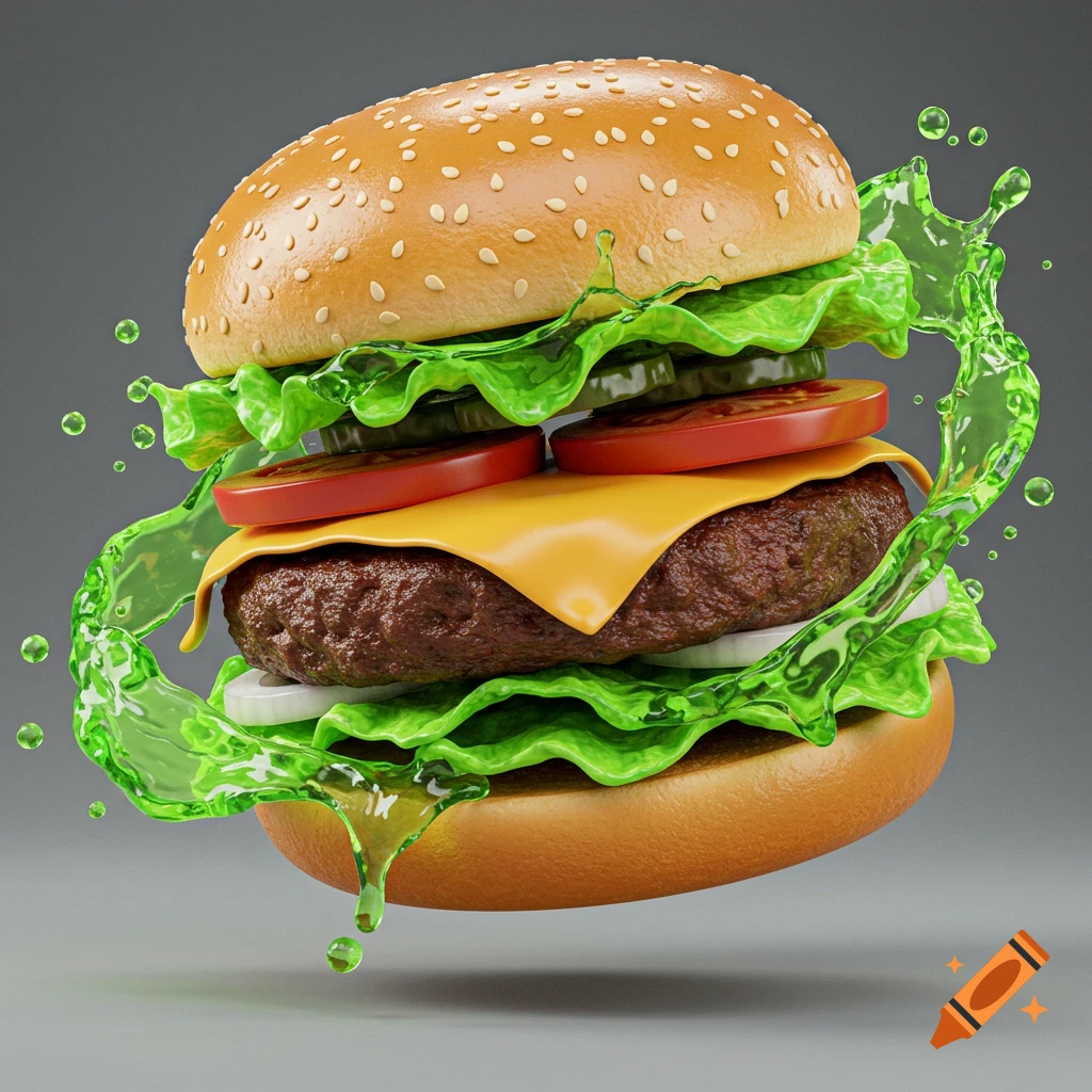 A stylized close-up of a burger with green slime splashing around it, on a grey background.