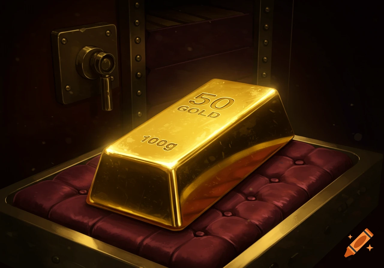 A shiny gold bar engraved with '50 GOLD' and '100g' rests on a red cushion inside a dark vault.