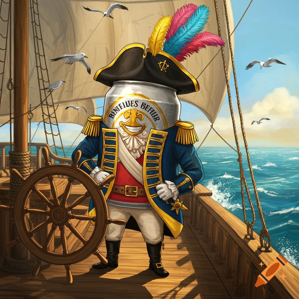A cartoon beer can character in an admiral's uniform steers a ship on the open sea under a blue sky with seagulls.