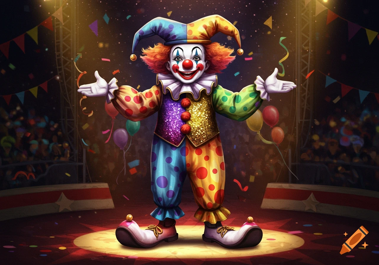 A vibrant clown with a red nose, orange hair, and a colorful polka-dotted costume stands on a circus stage with arms outstretched, amidst falling confetti.
