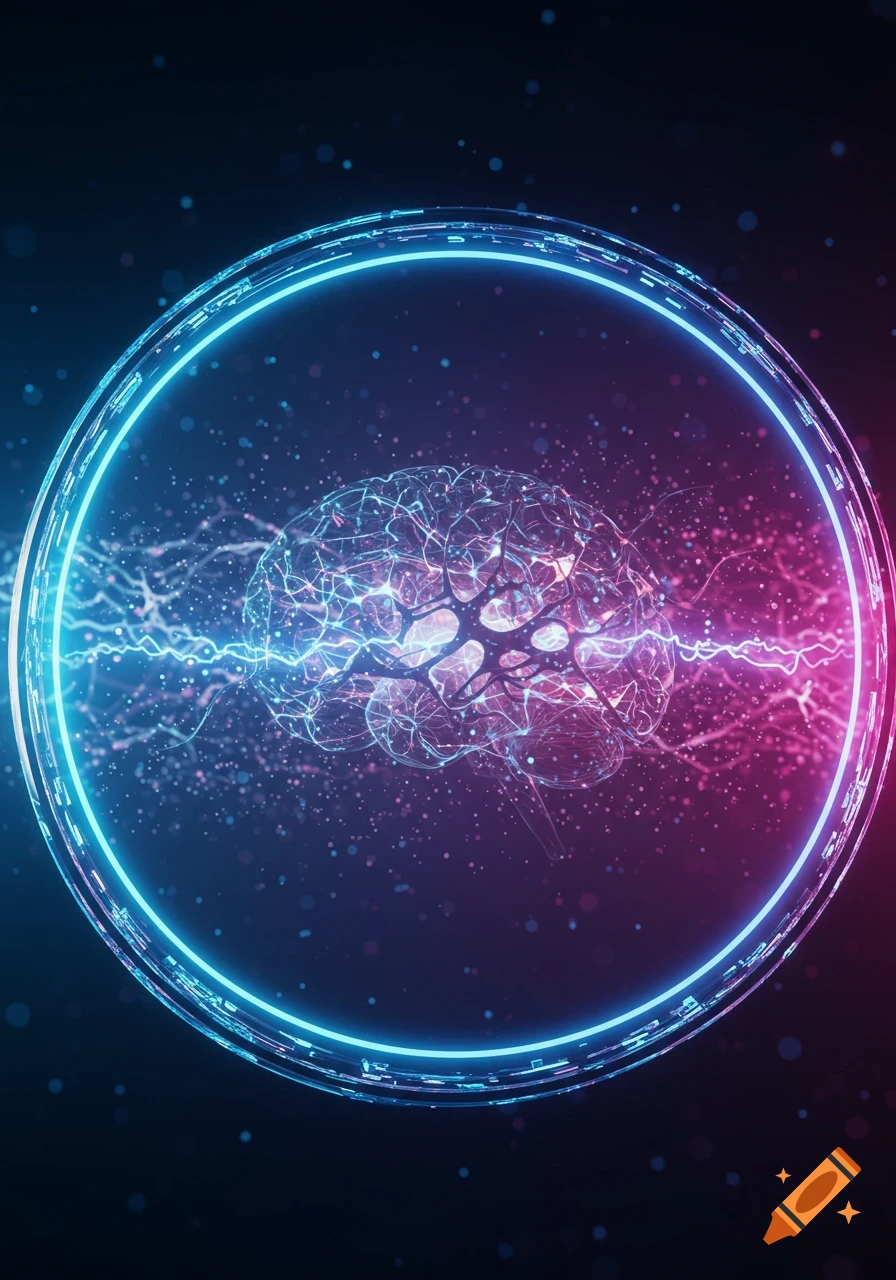 A neon-lit abstract brain with electrical impulses within a glowing blue circle on a dark, sparkling background.