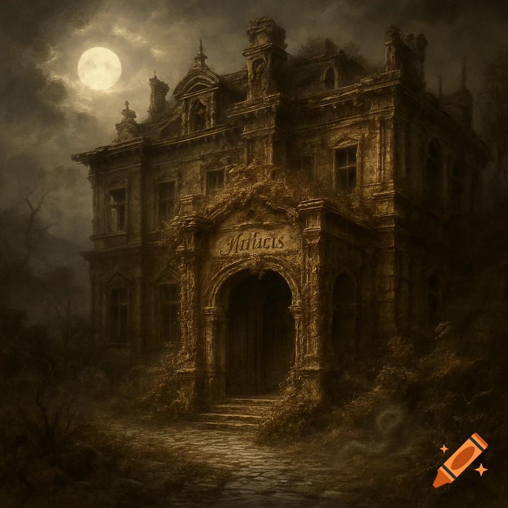 An eerie, crumbling gothic mansion stands under a full moon, with overgrown foliage and a dark archway entrance.