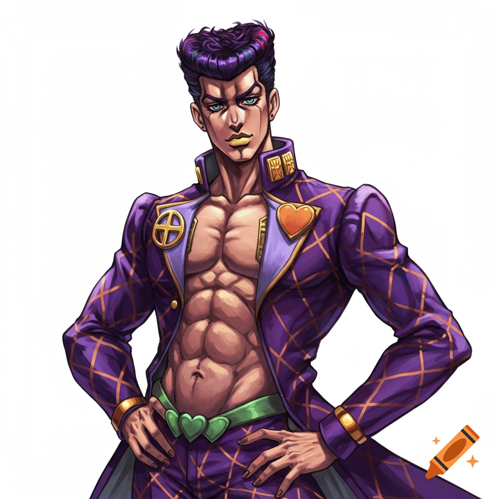 A muscular male anime character with purple hair and an open purple suit with gold patterns, green eyes, and a green heart belt buckle, on a white background.