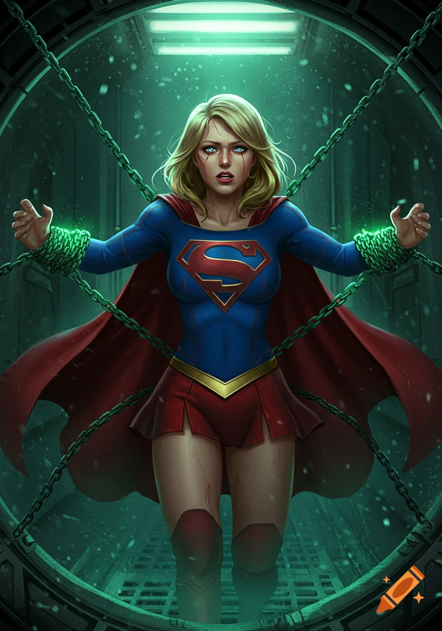 Supergirl, bruised and chained with glowing green Kryptonite, stands distressed in a dark, ominous chamber in a realistic comic style.