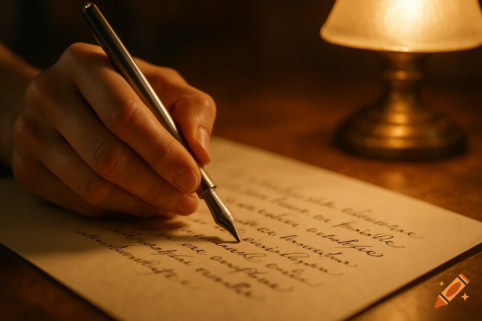 Close-up of a hand writing with a pen on paper under warm lamp light, photorealistic.