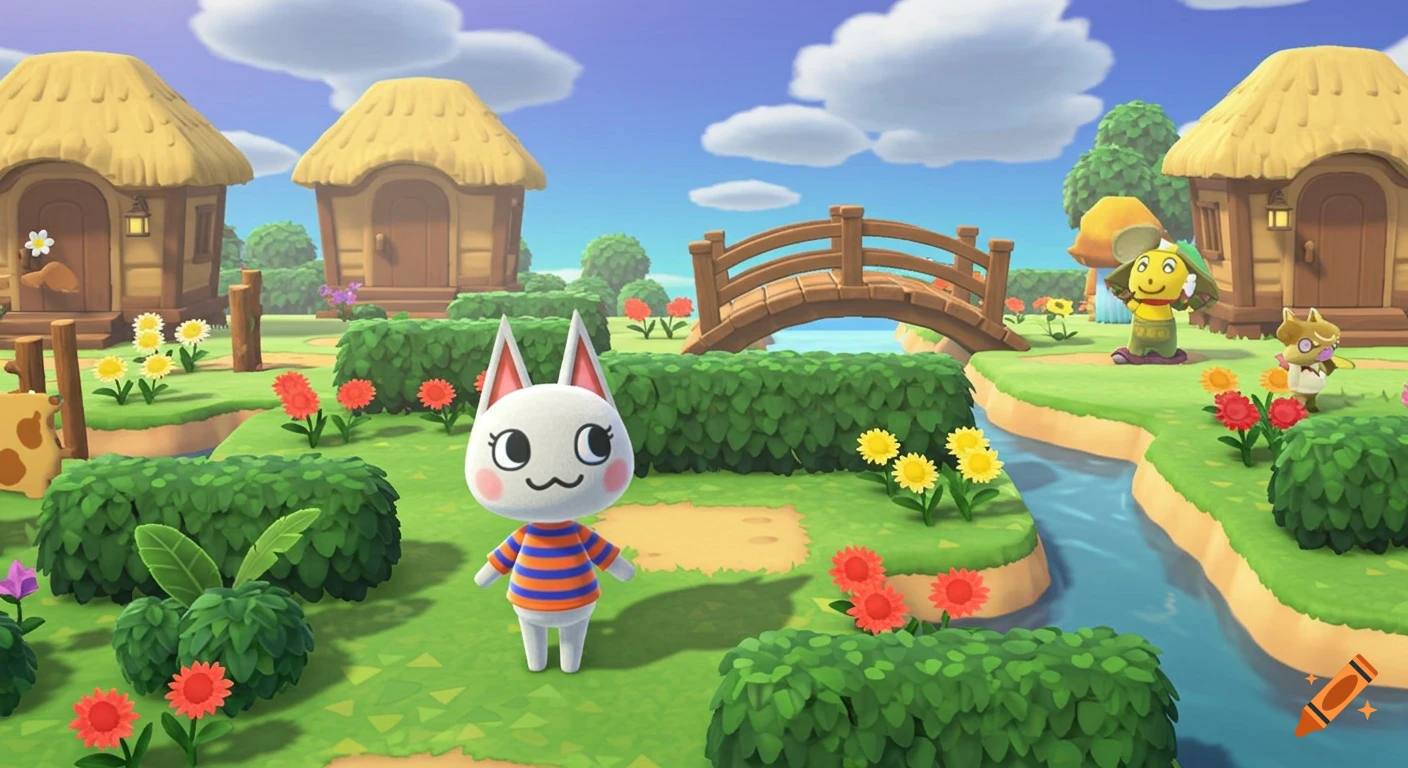 A white cat villager in a striped shirt stands in an Animal Crossing New Horizons village with houses, flowers, and a bridge.