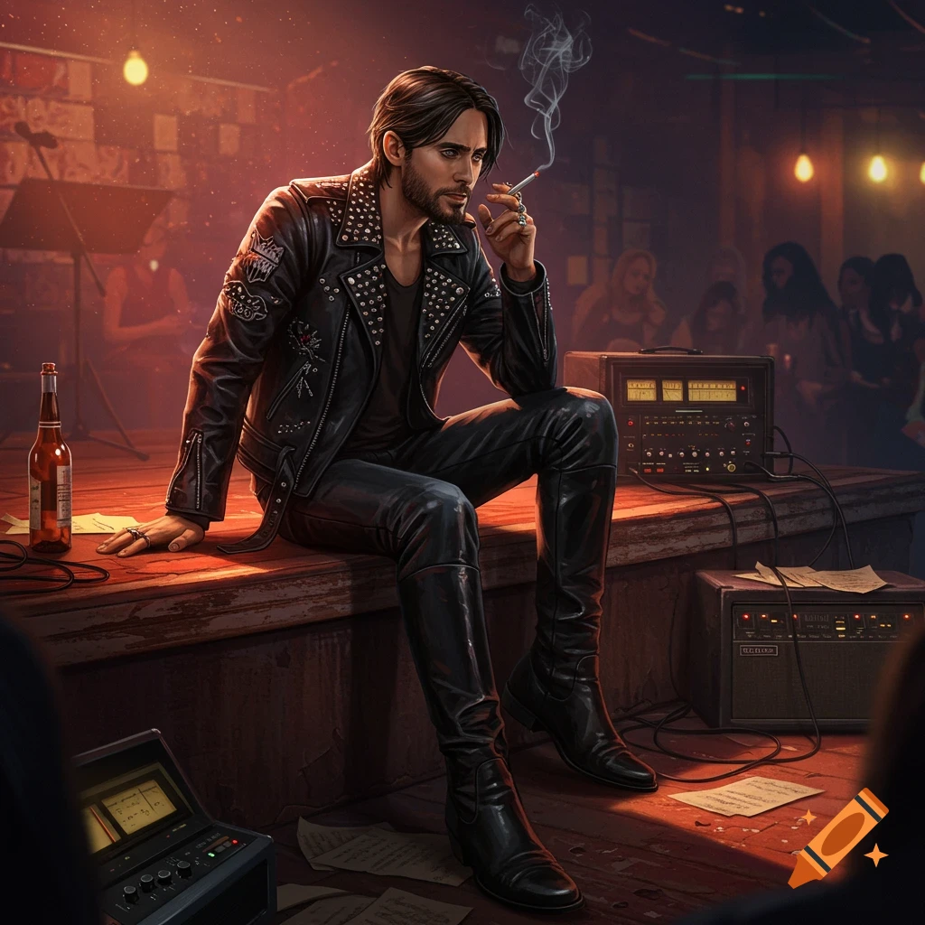 A man in a studded leather jacket and boots sits on a dimly lit stage, smoking a cigarette, with music equipment.