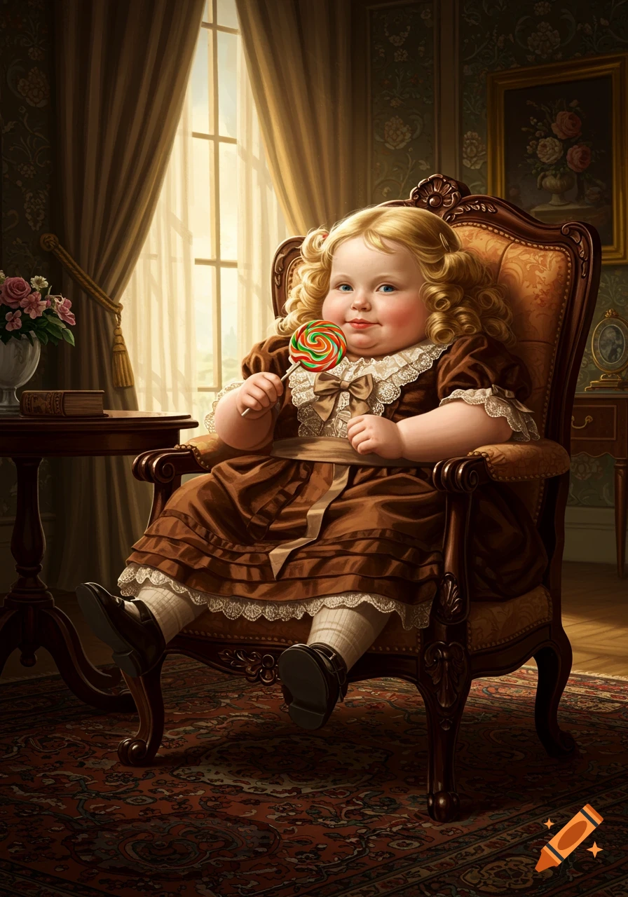 A chubby, blonde-haired Victorian child sits in an ornate chair, holding a colorful lollipop and smiling, in a richly decorated room.