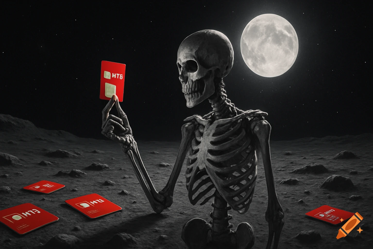 A skeleton sits on a rocky moon surface under a full moon, holding a red card and surrounded by other red cards.