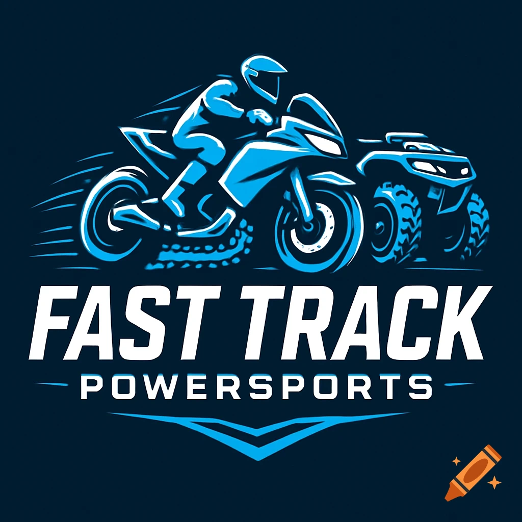 A blue and white vector logo for Fast Track Powersports featuring a person on a motorcycle next to an ATV.