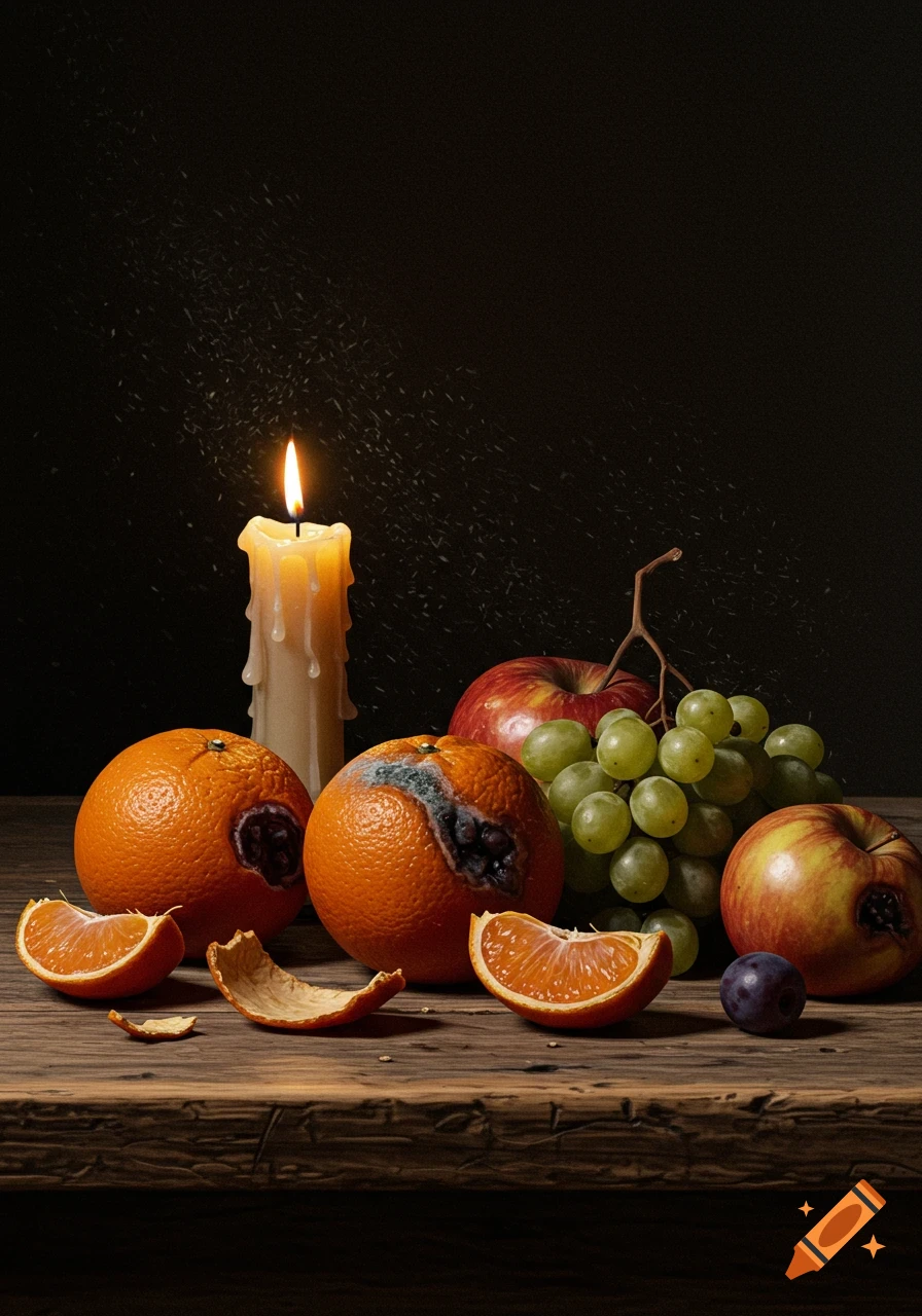 Photorealistic still life of a lit candle and rotten oranges, apples, and grapes on a dark wooden table.