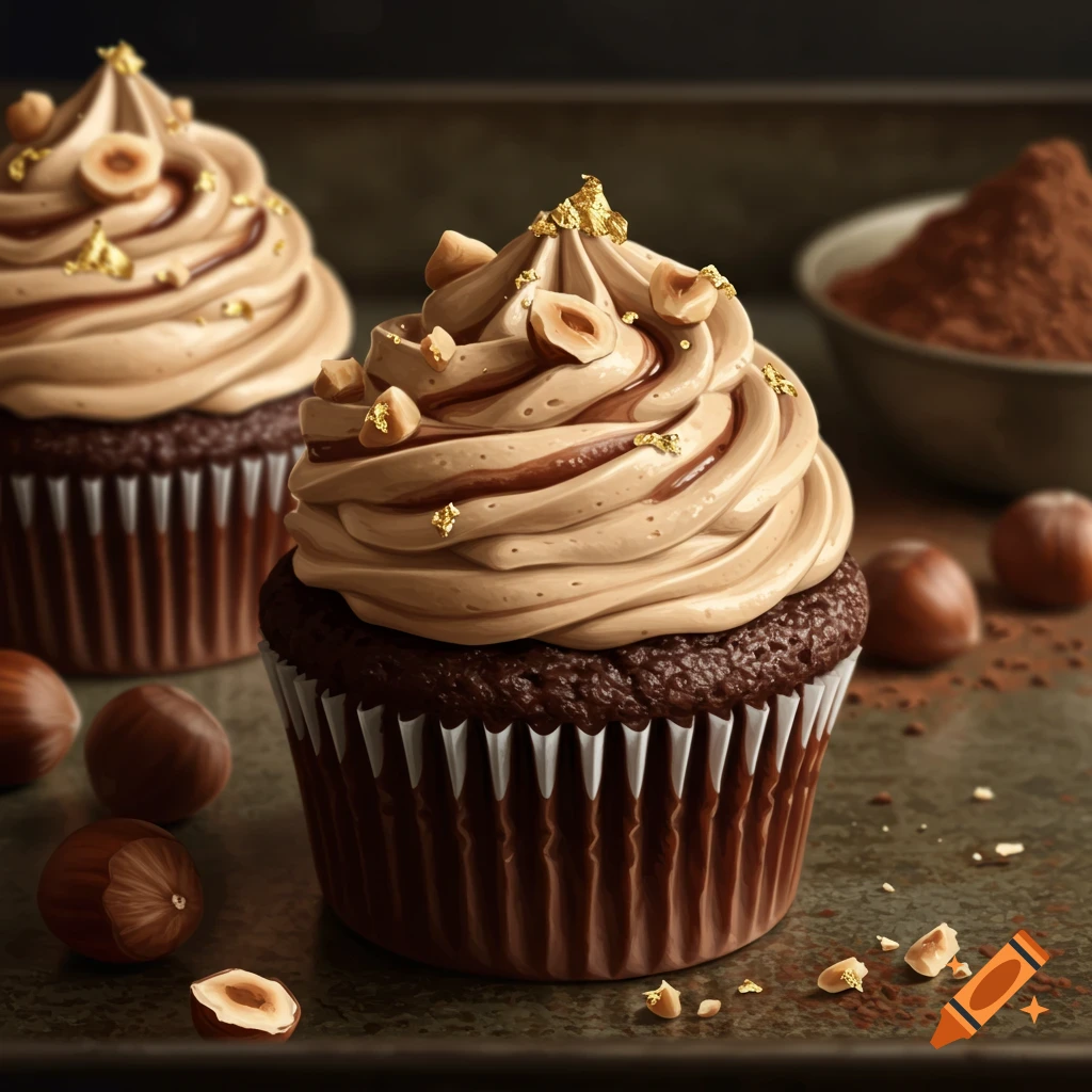 Close-up of two chocolate cupcakes with hazelnut frosting, topped with nuts and gold flakes, beside cocoa powder.