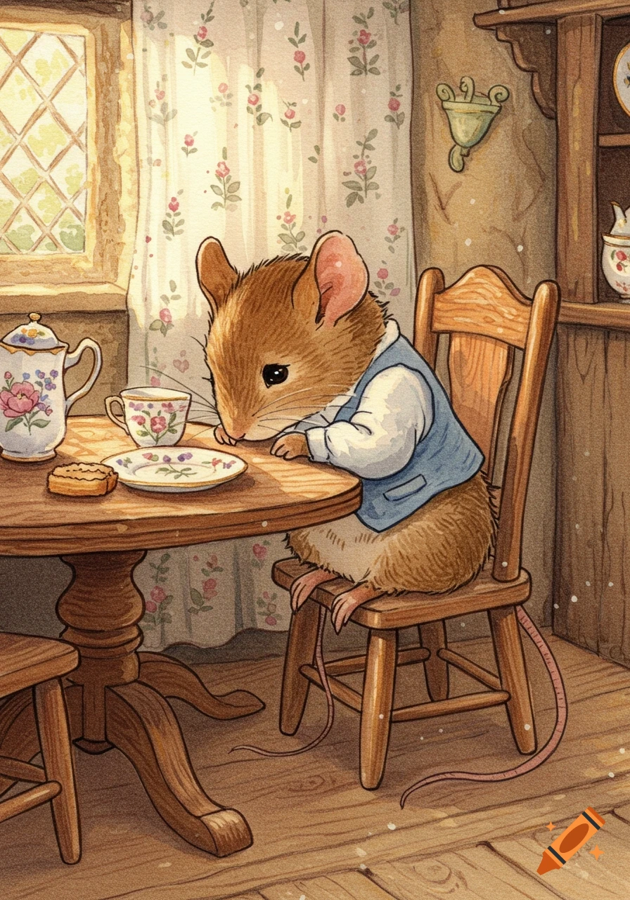 A sad mouse in a blue vest sits at a wooden table with a teapot, teacup, and a cookie, rendered in a Beatrix Potter-like watercolor style.