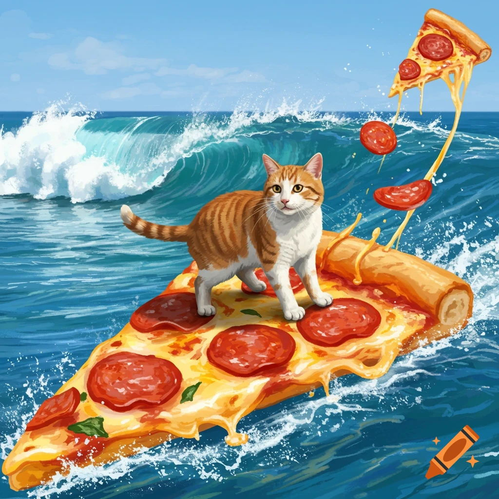 Illustrated orange and white cat surfing on a pepperoni pizza slice in a vibrant blue ocean with a large wave.