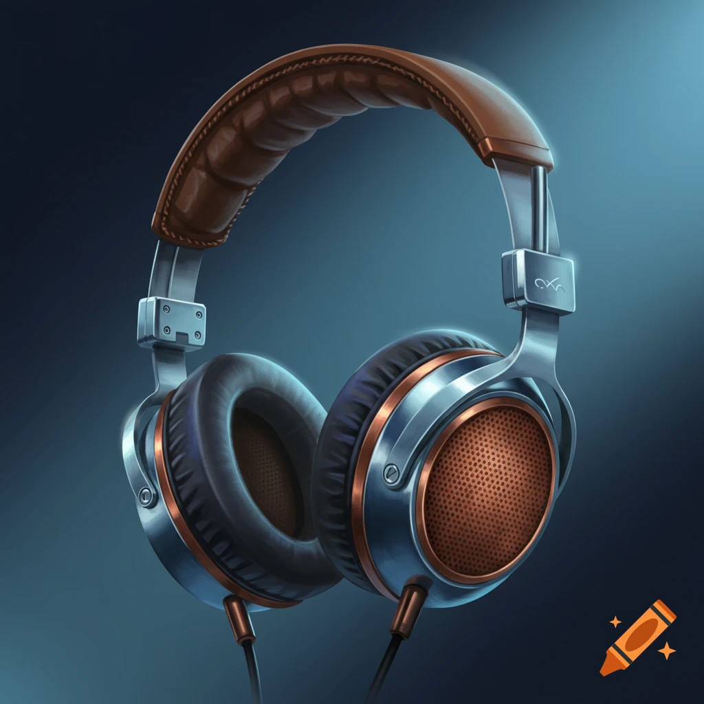 A pair of stylish over-ear headphones with a brown leather headband, silver metal, and copper grilles on a dark background.