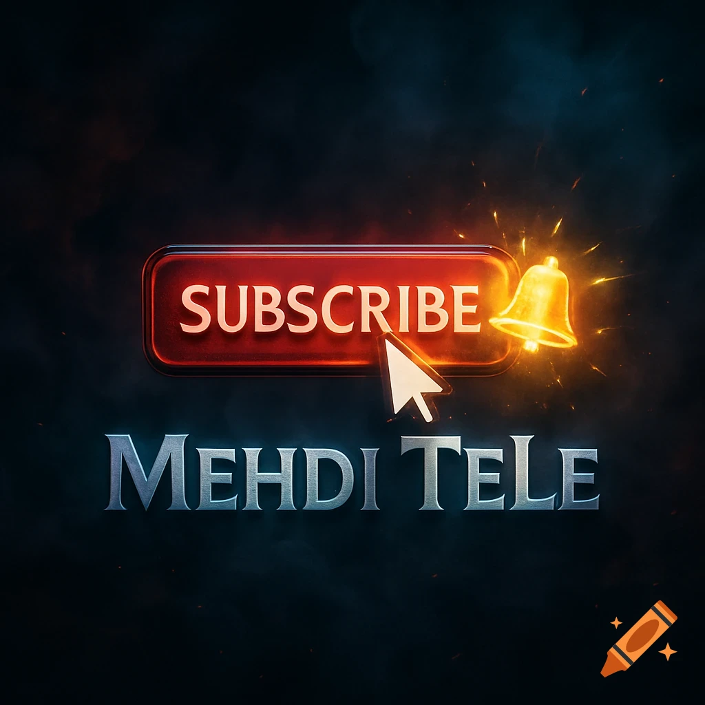 A glowing red 'Subscribe' button with a mouse cursor, a golden notification bell, and metallic 'Mehdi TeLe' text on a dark, smoky background.