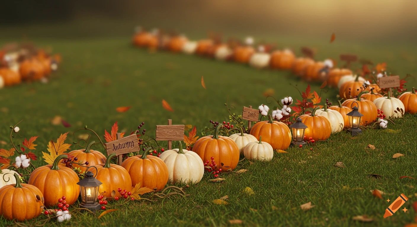 A winding trail of orange and white pumpkins, lanterns, autumn leaves, berries, and cotton bolls on a grassy field, with a blurred background.