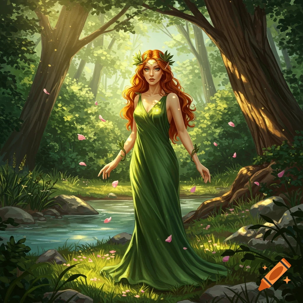 A red-haired woman wearing a green dress and leaf crown stands in a sun ...