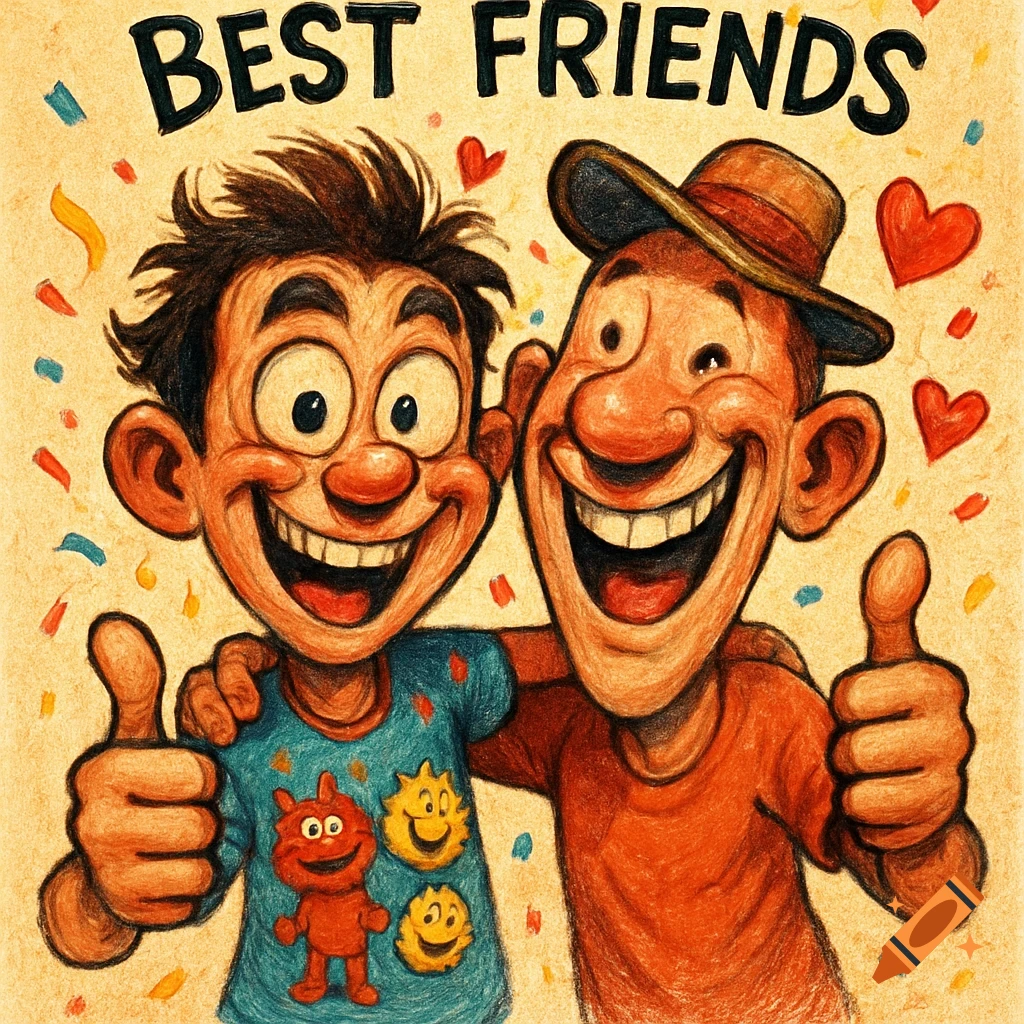 Two happy cartoon men, with exaggerated features, embrace and give thumbs up under "BEST FRIENDS" text, in a colored pencil style.