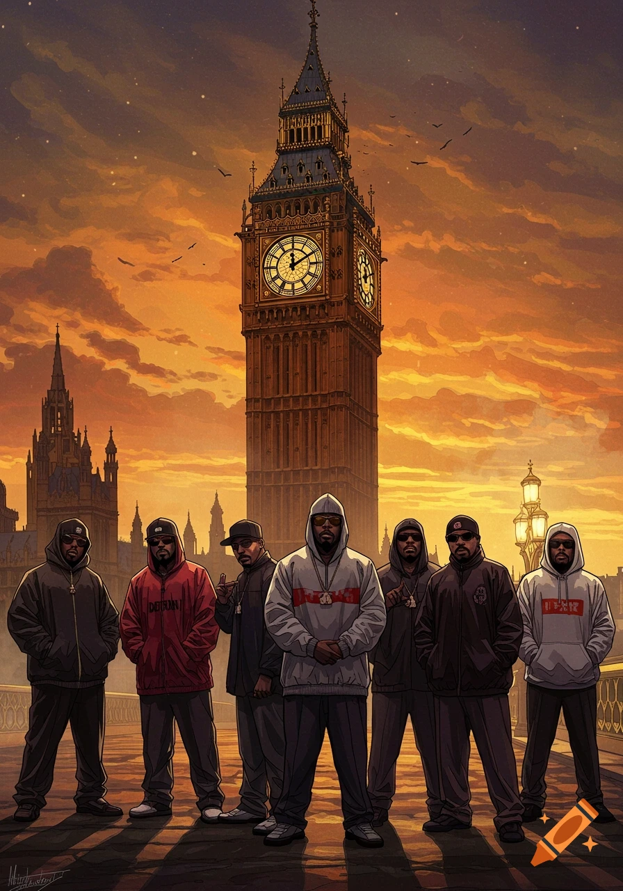 Seven men in hoodies and caps stand in front of Big Ben at sunset, in a graphic novel art style.