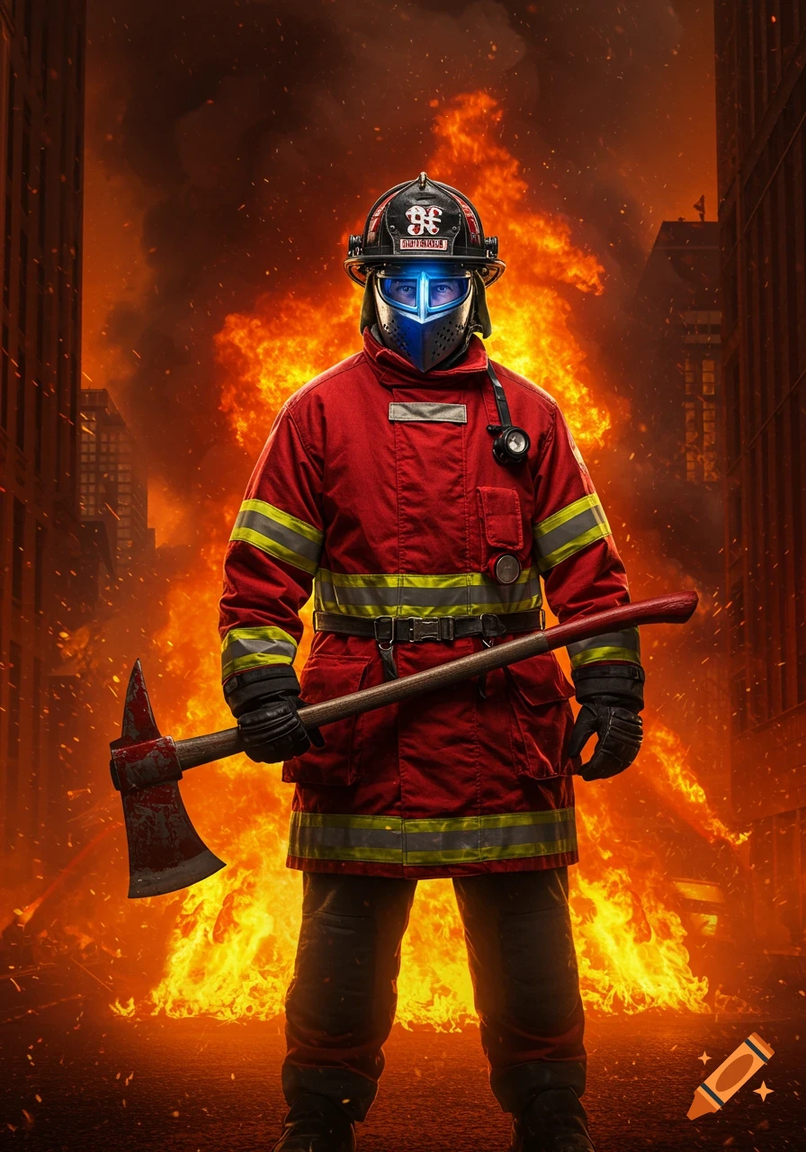 A futuristic firefighter in a red suit and blue-visored helmet holds an axe, standing among burning urban buildings.