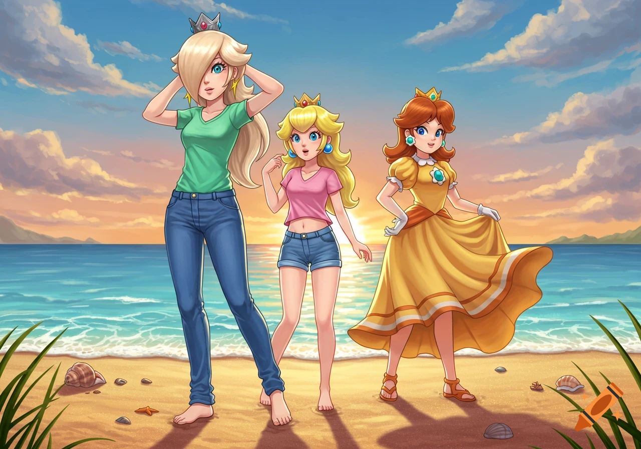 Rosalina, Princess Peach, and Princess Daisy on a beach at sunset, anime style.