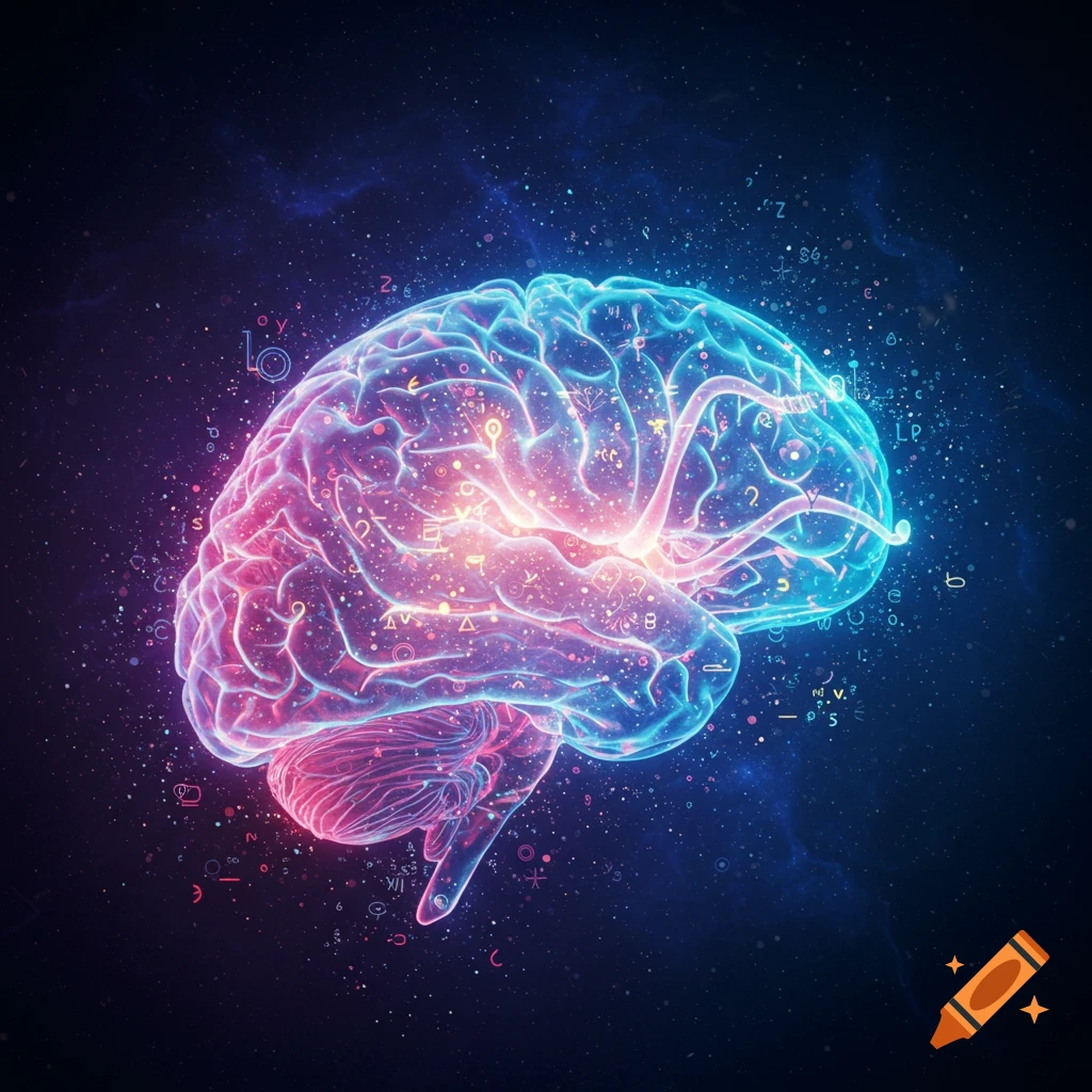 A vibrant, glowing brain, rendered in blue and pink hues, surrounded by sparkling particles and cosmic elements against a dark background.