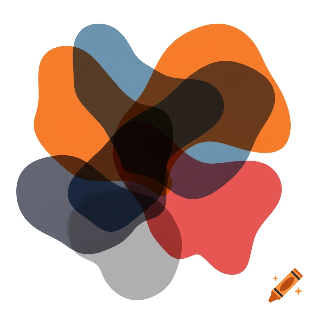 Overlapping transparent organic shapes in orange, blue, gray, and scarlet on a white background.