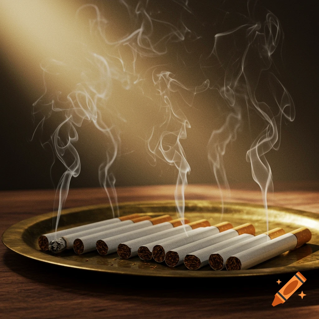 A line of photorealistic cigarettes on a brass tray, one smoking, against a warm, dark background.