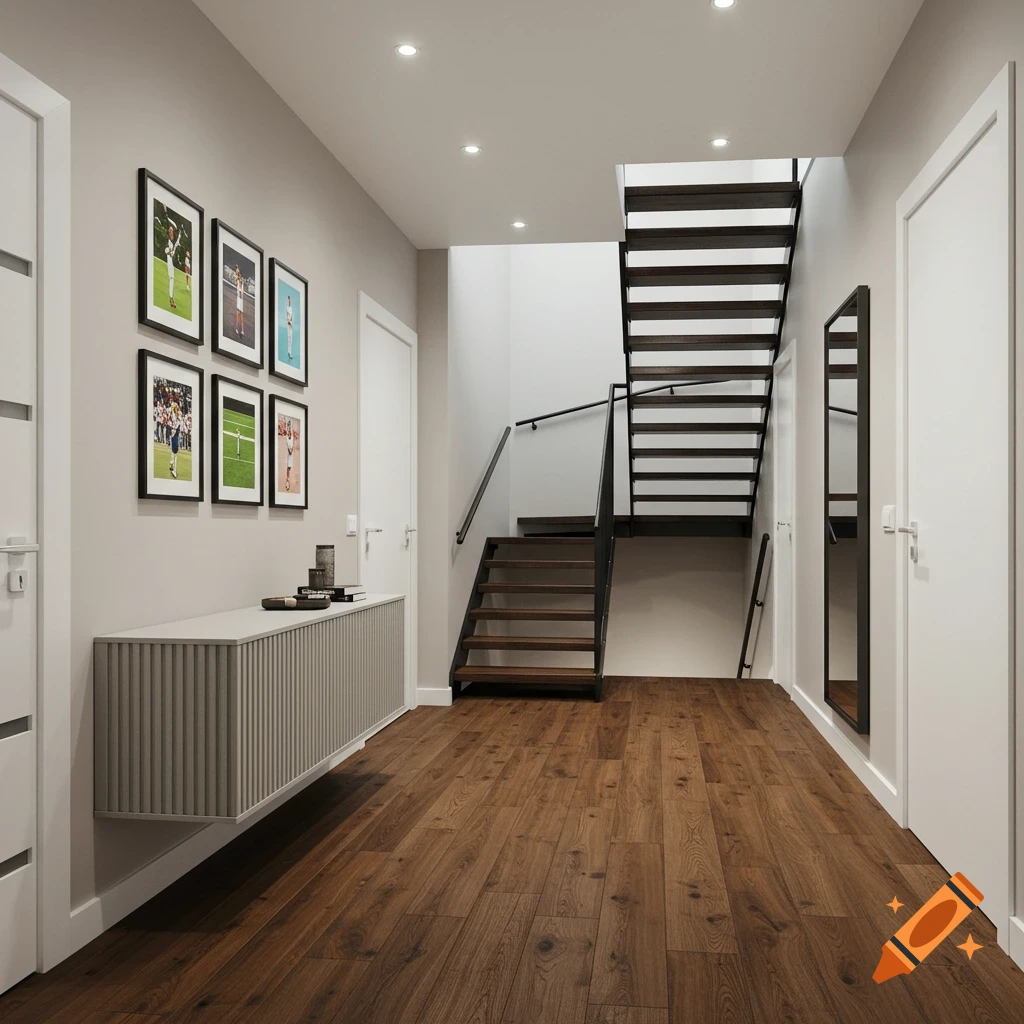 A modern hallway with dark wood floors, a light gray sideboard, framed tennis pictures, and a contemporary open-riser staircase.