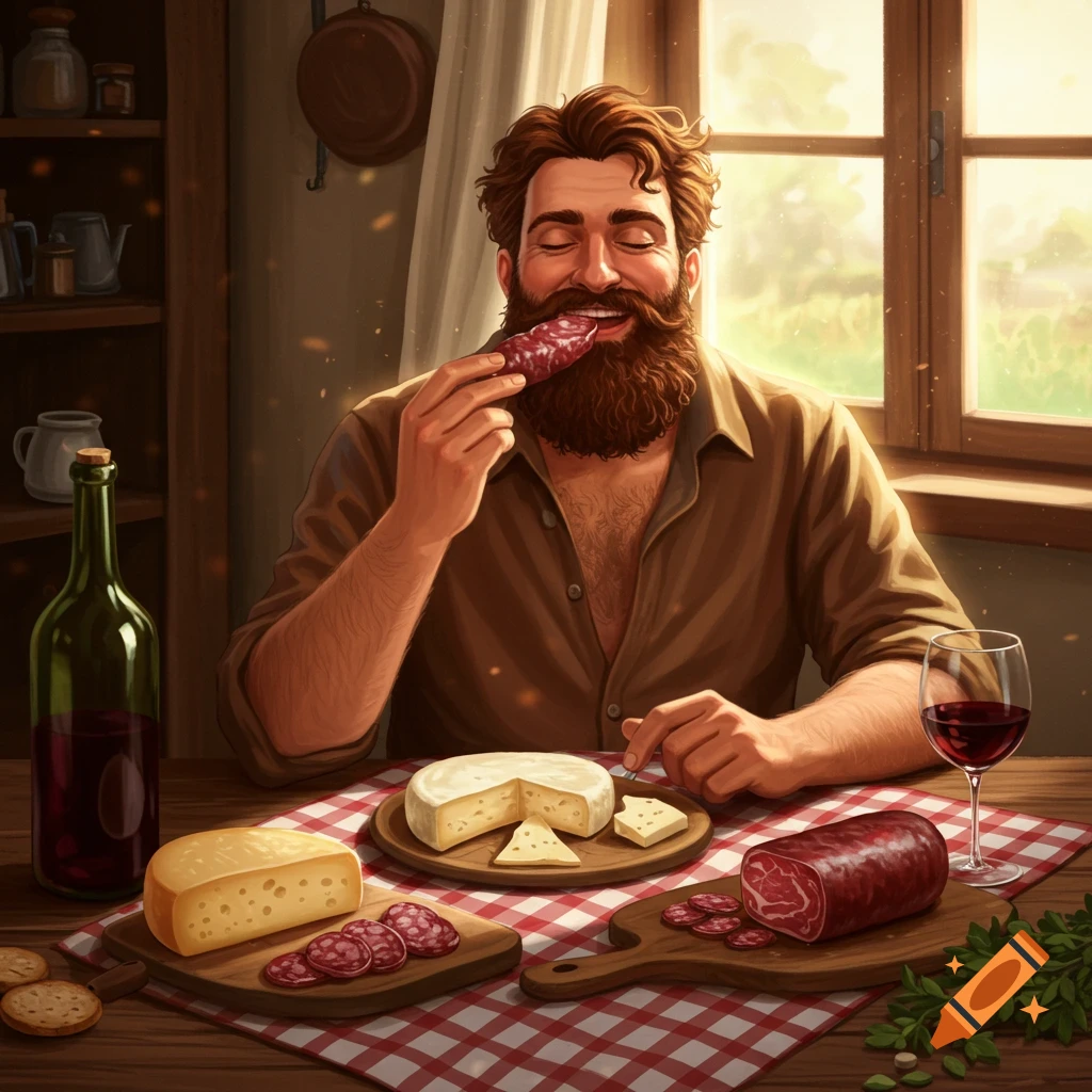 An illustration of a smiling bearded man eating salami at a rustic table with cheese and wine.