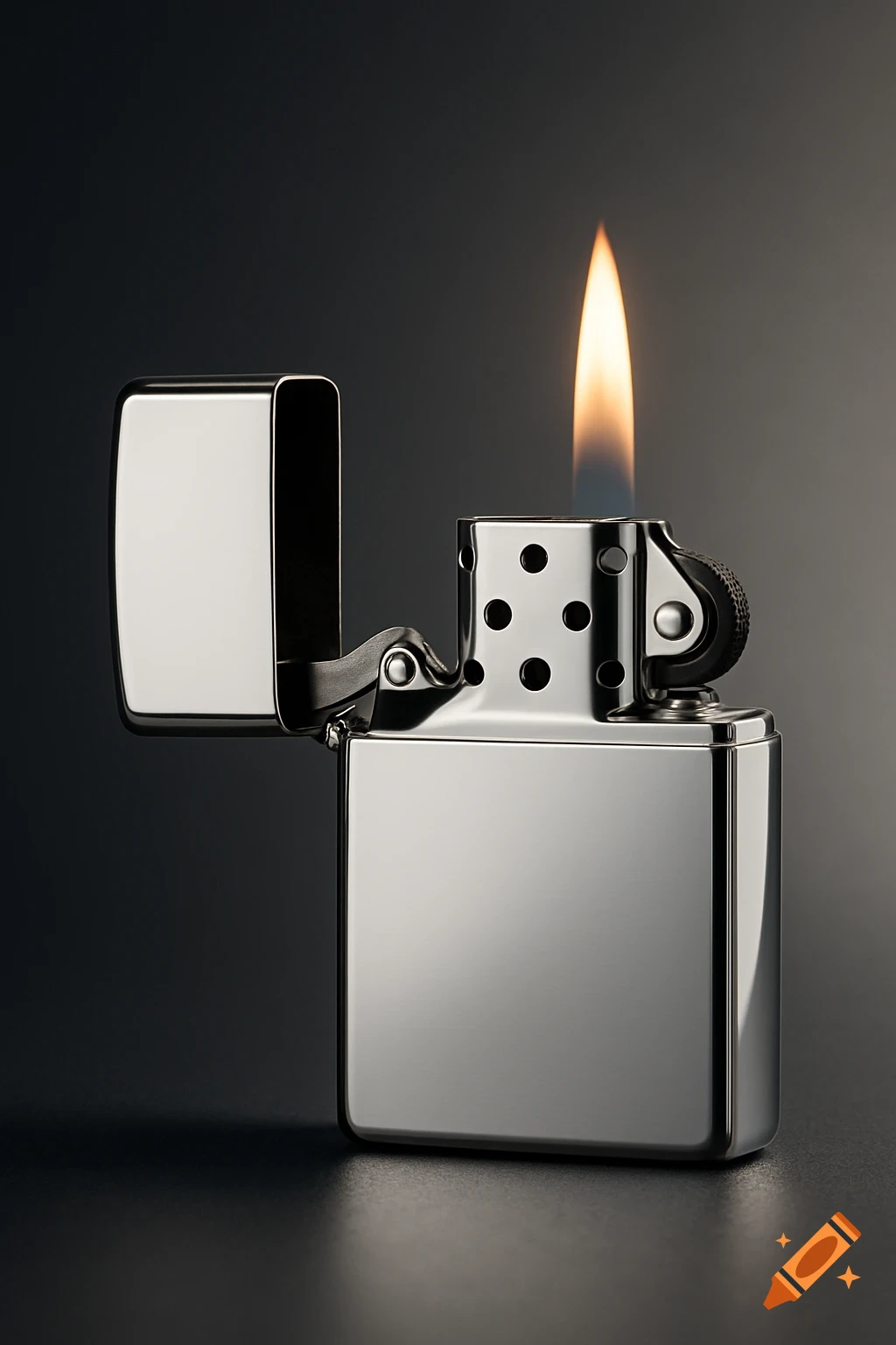 A polished chrome Zippo lighter with an open lid and a burning flame, against a dark background, in a photorealistic style.