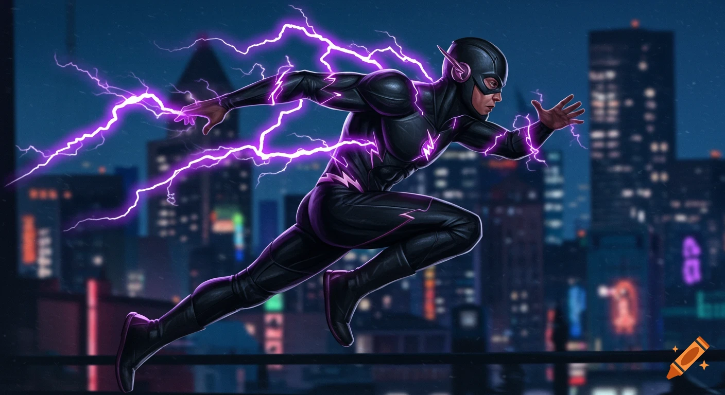 A speedster superhero in a black suit with purple lightning streaks runs across a rooftop overlooking a night city, highly detailed.