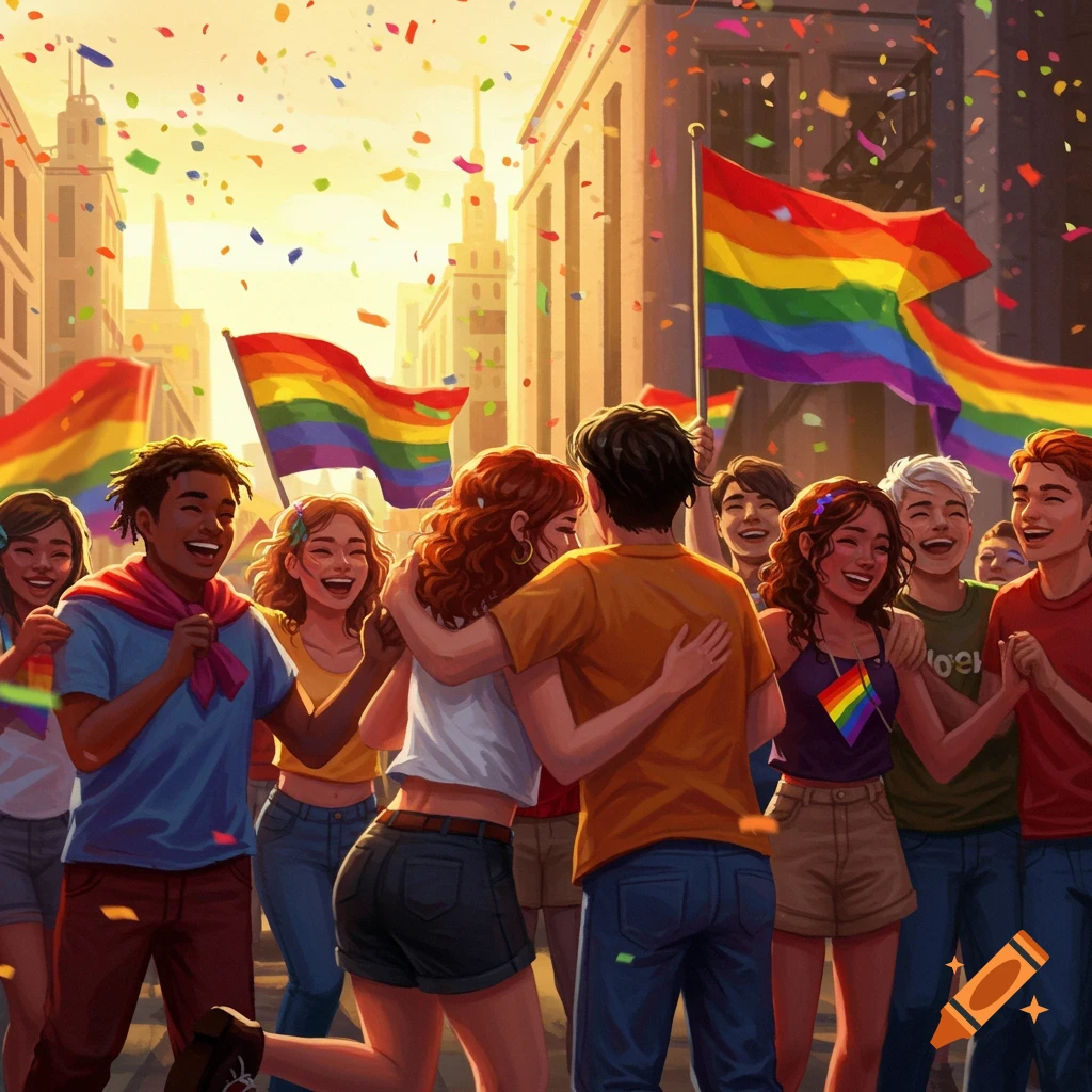 A vibrant illustration of a diverse group of people celebrating at a pride parade in a city street, with rainbow flags and confetti.