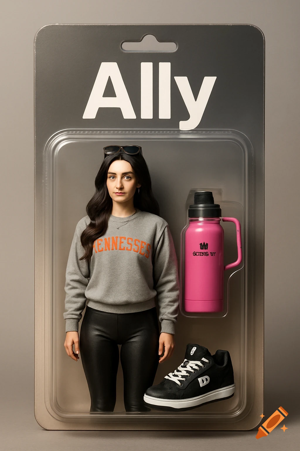 An action figure of a woman named Ally, with dark hair, wearing a gray 'TENNESSEE' crew neck, black leggings, and black sneakers, displayed in a clear plastic blister package with a pink bottle and black shoe accessories.