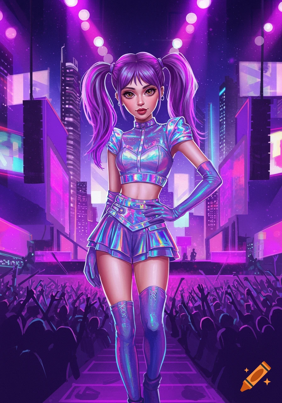 A stylized k-pop star with purple pigtails in a metallic iridescent outfit stands on a stage with a cheering crowd and a cyberpunk city background.