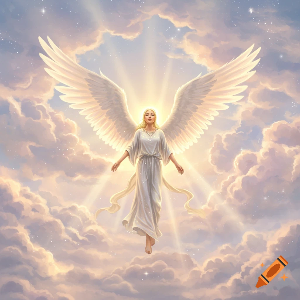A serene blonde angel with large white wings and a white gown floats ...