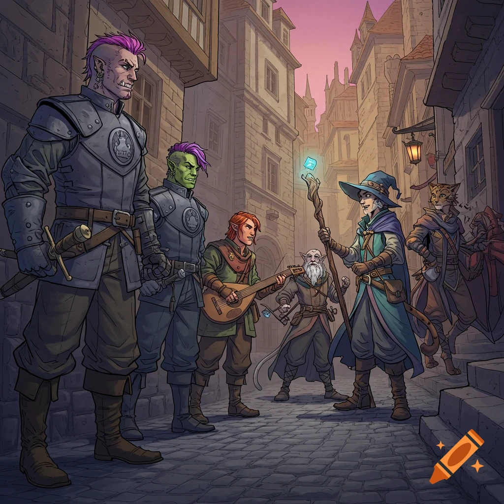 A fantasy adventuring party, including an orc, bard, wizard, and tabaxi, stands in a stylized comic art street.
