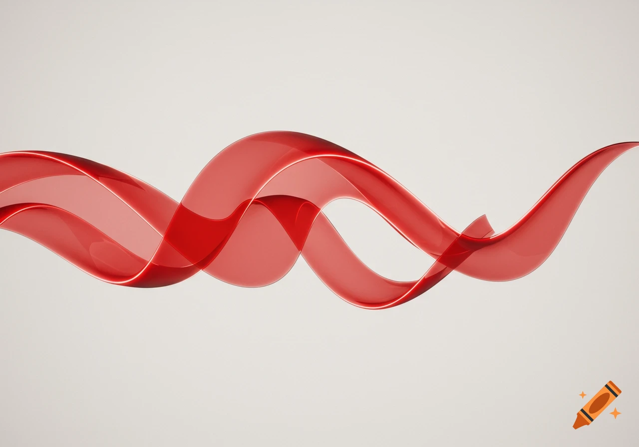 A translucent red wavy ribbon gracefully curving across a light grey background.