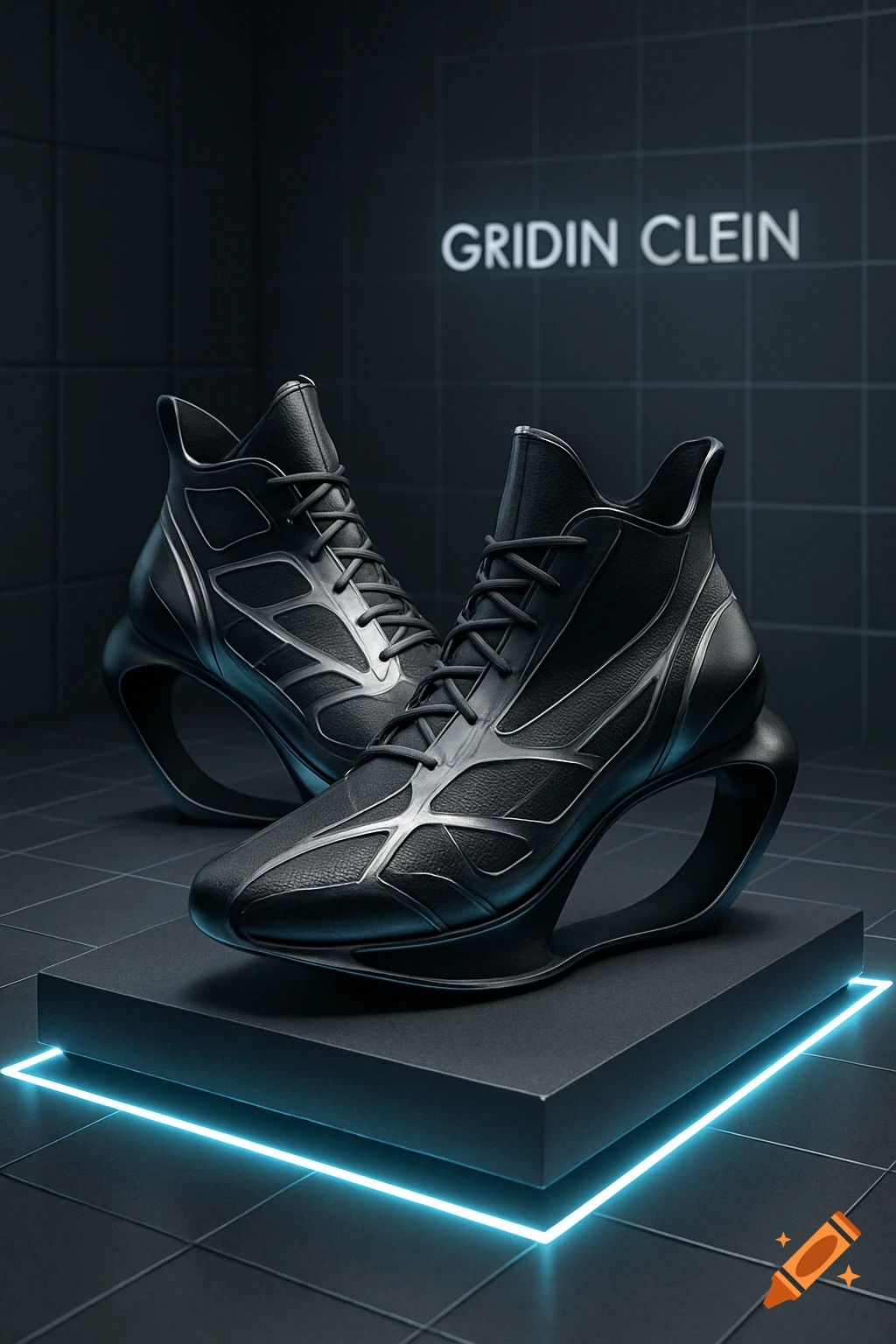 Two black futuristic shoes with silver accents on a display stand with blue neon light, against a dark tiled background with the text 'GRIDIN CLEIN'.