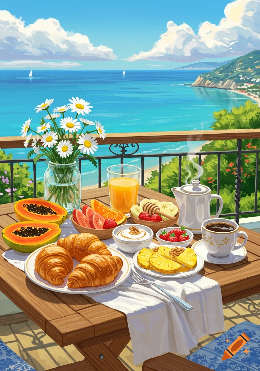 A vibrant illustration of a breakfast spread on a balcony overlooking a sunny blue ocean, with fruits, croissants, coffee, and juice.