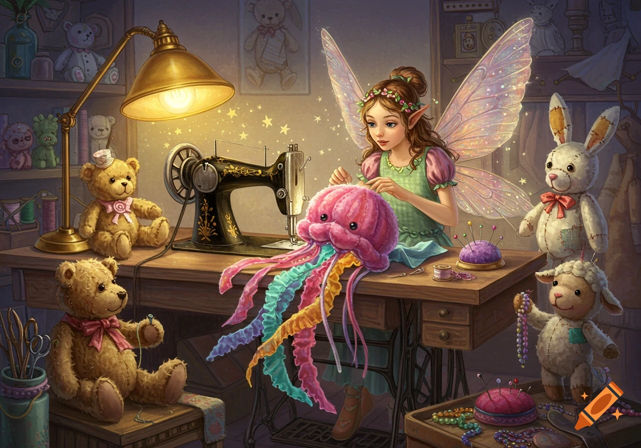 A fairy with delicate wings sews a colorful jellyfish plushie on an antique sewing machine, surrounded by teddy bears and stuffed animals.