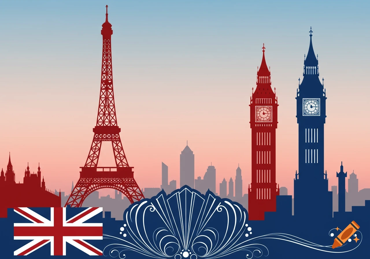 An art deco illustration featuring silhouettes of the Eiffel Tower, two Big Ben towers, and other cityscape elements in red, white, and blue against a gradient sky, with a Union Jack flag in the foreground.