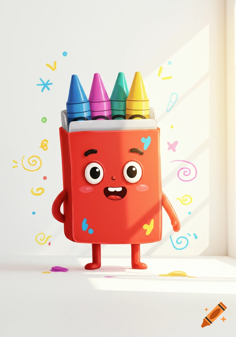 A smiling, red cartoon crayon box character with arms and legs stands, holding four colorful crayons. Bright doodles cover the white wall behind it.